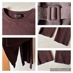 リエンダ ダークブラウン 長袖 ニットロングワンピース ベルト付き フリーサイズの画像