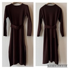 リエンダ ダークブラウン 長袖 ニットロングワンピース ベルト付き フリーサイズの画像