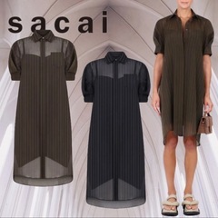 sacai ストライプ パフスリーブ ロングシャツワンピース ミ...