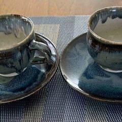 🟣 二小志　こぶ志焼？？　コーヒーカップ&ソーサー2脚セット　 焼き物　陶芸の画像