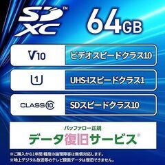 バッファロー SDカード 64GB 100MB/s UHS-1 スピードクラス1 VideoSpeedClass10 IPX7 Full HD データ復旧サービス対応 RSDC-064U11HA/N 元値1500円程の画像