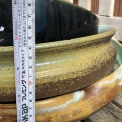 used 大きめ平たい植木鉢 花器 趣ある 焼き物 陶器 エメラルドグリーン 黄土 ブルー 黒 3個セットの画像