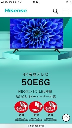 【4Kテレビ50型】ハイセンス50E6G