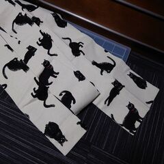 黒猫　名古屋帯　洗える　帯　猫　ネコ　仕立て上がりの画像