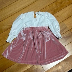リボン付きピンクベルベットドレス キッズの画像