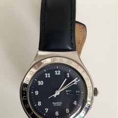 【現状品】スウォッチ Swatch メンズ 腕時計 紺 ネイビー レザー 黒 ブラック デイデイト アナログ クォーツ ウォッチ の画像