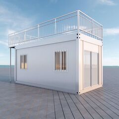 ホワイト プレハブ住宅 バルコニー付き ユニットハウス プレハブ 屋上付きハウス 事務所 店舗 倉庫物置 組み立て式 ガラス 連結可能 屋上デッキ 仮設住宅 仮設スーパーハウス コンテナハウス資材でのご提供W2000×D3000×H2500㎜ ジャスト約6㎡・3.7畳 現地組立 ユニットハウス 簡易ナハウス 窓二つ付き 納期相談 低コスト 耐火 断熱 防音 耐震 連結可能 増築対策 物置・事務所・別宅・従業員宿舎に最適 日本語説明書付き グレー (グリーン)[兵庫から全国]新品未使用 ユニットハウス プレの画像