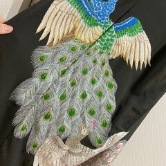 着物リメイク　豪華孔雀刺繍　カシュクールロングワンピース　黒