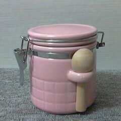 昭和レトロ　陶器製キャニスター　密閉容器　未使用美品　ピンク　サジ付き