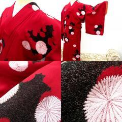 小紋 アンティーク 昔着物 小紋 赤 黒 金 銀 ピンク 花 バチ衿 正絹 昔きもの レトロ 大正ロマン  身丈151.2cm 【キモノオフ野々市若松店】の画像