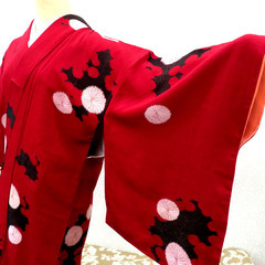 小紋 アンティーク 昔着物 小紋 赤 黒 金 銀 ピンク 花 バ...