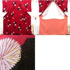 小紋 アンティーク 昔着物 小紋 赤 黒 金 銀 ピンク 花 バチ衿 正絹 昔きもの レトロ 大正ロマン  身丈151.2cm 【キモノオフ野々市若松店】の画像