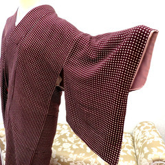 小紋 アンティーク 縮緬 昔着物 小紋 茶 薄ベージュ 水玉 ド...