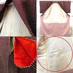 小紋 アンティーク 縮緬 昔着物 小紋 茶 薄ベージュ 水玉 ドット バチ衿 正絹 昔きもの レトロ 大正ロマン 小柄サイズ 身丈145.2cm 【キモノオフ野々市若松店】の画像