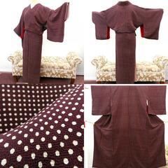 小紋 アンティーク 縮緬 昔着物 小紋 茶 薄ベージュ 水玉 ドット バチ衿 正絹 昔きもの レトロ 大正ロマン 小柄サイズ 身丈145.2cm 【キモノオフ野々市若松店】の画像