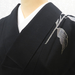 小紋 アンティーク 昔着物 小紋 黒地 グレー×ピンク 葉・花 ...