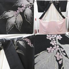 小紋 アンティーク 昔着物 小紋 黒地 グレー×ピンク 葉・花 広衿 正絹 昔きもの レトロ 大正ロマン  身丈159.3cm 【キモノオフ野々市若松店】の画像