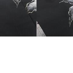 小紋 アンティーク 昔着物 小紋 黒地 グレー×ピンク 葉・花 広衿 正絹 昔きもの レトロ 大正ロマン  身丈159.3cm 【キモノオフ野々市若松店】の画像