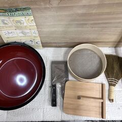 そば打ち6点セット 麺台約80×90cm ほおめん棒 こね鉢 ステンめん切包丁 駒板L はけ 取説 中古品☆ 札幌市 白石店 の画像