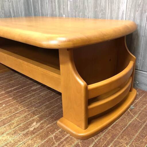 ss7293　センターテーブル ライトブラウン 112×60cm マガジンラック付 引出付 木製 ローテーブル 長方形 座卓 サイドポケット 収納付 角が丸い ニトリ センターテーブル 中古