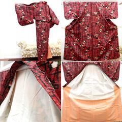 小紋 アンティーク 昔着物 小紋 赤 黒 銀 ピンク オレンジ 緑 植物 アイアン調 縞 バチ衿 正絹 昔きもの レトロ 大正ロマン 小柄サイズ 身丈139.5cm 【キモノオフ野々市若松店】の画像