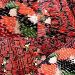 小紋 アンティーク 昔着物 小紋 赤 黒 銀 ピンク オレンジ 緑 植物 アイアン調 縞 バチ衿 正絹 昔きもの レトロ 大正ロマン 小柄サイズ 身丈139.5cm 【キモノオフ野々市若松店】の画像