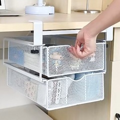 新品💛二段　フック付き調節可能な机下引き出しオーガナイザー - オフィスデスク用メタルハンギングストレージバスケット、ホワイトの画像