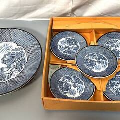 【R280】朝明窯晴峰作/古代山水/絵皿/大皿・小皿/計6枚セッ...