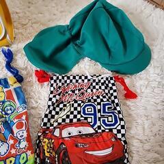 熊取町立保育所の黄色カバン&コップ入れなどの巾着袋３枚&緑帽子の画像