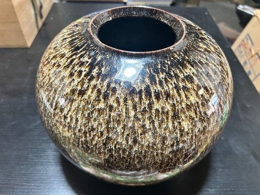 陶器製 水鉢 球形 黒金色模様