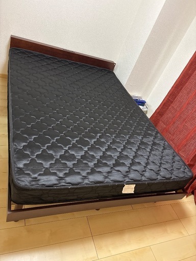 アイリスオーヤマ 【マットレスセット】ベッド ダブル すのこ 棚付き コンセント 高さ3段階 ウォルナット+ボンネルコイルマットレス 黒