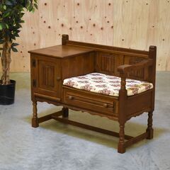 【ヤ取】≪zyt1892ジ≫ 英国カントリー調 テレフォンベンチ 幅96.5cm オーク材？ レトロ/ヴィンテージ家具/アンティーク調/中古家具/宮城県仙台市 70118-05