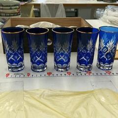 0214-241 藍色切子グラス＆コースター　5個セット