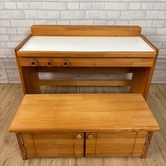 pap&mamパプマム　 オリジナル木製手作り　 キッズデスク＆おままごとキッチン ベンチ収納付き 2点セットの画像