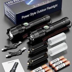 Led懐中電灯2個セット 電池式 充電式 両用 小型 軽量 高輝度 明るい 長距離 広範囲 Led ライト 強力 軍用 最強 防水 防災 ハンディライト フラッシュライト 4モード 爆光 ズーム 18650 バッテリー 手持ちライト Usb Type-C 充電 ペンライト 残量表示 携帯ライト 超強力 ハンドライト 作業用 登山 釣り　まとめ買い歓迎　卸ます　アマゾン引き上げ商品　倒産品　ネット商材　卸ます　転売　アマゾン引き上げ商品　卸し　問屋　倒産品　転売OK　ネット商材　アマゾン　商品　景品　コンペの画像