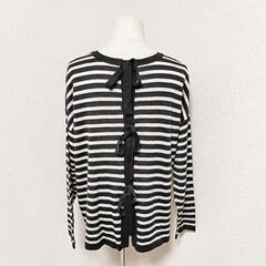 ローズティアラ クルーネック長袖ニット トップス ボーダー バックリボン 黒白 L〜LL レディースの画像