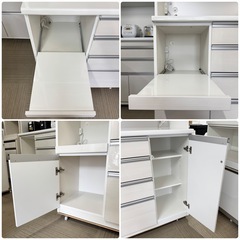 【超美品‼️】定価39万♪ 高級 松田家具 156cm幅キッチンボード(オットー) 食器棚 収納家具 艶あり木目調ホワイト♪の画像