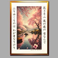 7枚限定A3パネル額装品●和紙にAIアート桜富士山日本和歌●がんどうあつし制作