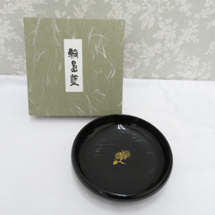 骨董・民芸品 輪島塗 黒刷毛目塗 鉄鉢形 松蒔絵 平鉢 大鉢 菓...