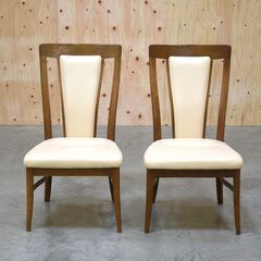 ≪yt1825ジ≫ [2脚セット] カリモク家具 ダイニングチェア 食堂椅子 本革張り/アイボリー系 ウォールナット色? アームレス 中古家具/宮城県仙台市 70210-03 の画像