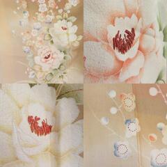 色留袖 アンティーク 色留袖 袷 バチ衿 薄茶色ｘクリーム色ｘ緑色ｘ花々模様 刺繍入り 正絹 レトロ 昔着物 身丈156cm 【キモノオフ野々市若松店】の画像