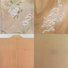 色留袖 アンティーク 色留袖 袷 バチ衿 薄茶色ｘクリーム色ｘ緑色ｘ花々模様 刺繍入り 正絹 レトロ 昔着物 身丈156cm 【キモノオフ野々市若松店】の画像