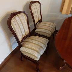 定価180,000円相当 イタリア製 ダイニング５点セット 象嵌 猫脚 アンティーク調 ブラウン グリーン ライン チェアの画像