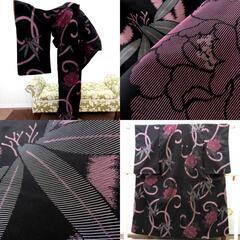 小紋 昔 アンティーク 昔着物 小紋 黒 ピンク グレー 白 唐草 大花 笹 バチ衿 正絹 昔きもの レトロ 大正ロマン  身丈154.6cm 【キモノオフ野々市若松店】の画像