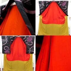 小紋 昔 アンティーク 昔着物 小紋 黒 ピンク グレー 白 唐草 大花 笹 バチ衿 正絹 昔きもの レトロ 大正ロマン  身丈154.6cm 【キモノオフ野々市若松店】の画像