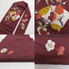 名古屋帯 アンティーク 刺繍入り 縞に扇子や桜紋様 エンジ色x多色