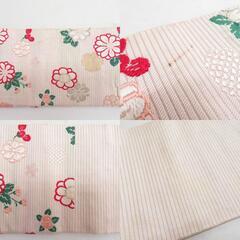名古屋帯 アンティーク 絹 六通柄 縞に飛び花模様 ベージュピンク 昔名古屋帯 絹 昔帯 名古屋帯仕立て 大正ロマン  長さ334cm 【キモノオフ野々市若松店】の画像