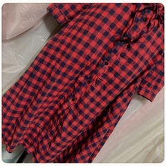 昭和レトロ風 ブロックチェック総柄 長袖 ロングワンピース 秋冬 朱色紺色の画像