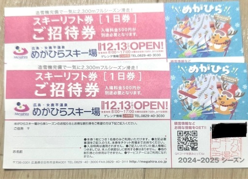 めがひらスキー場 スキーリフト券 1日券　２枚