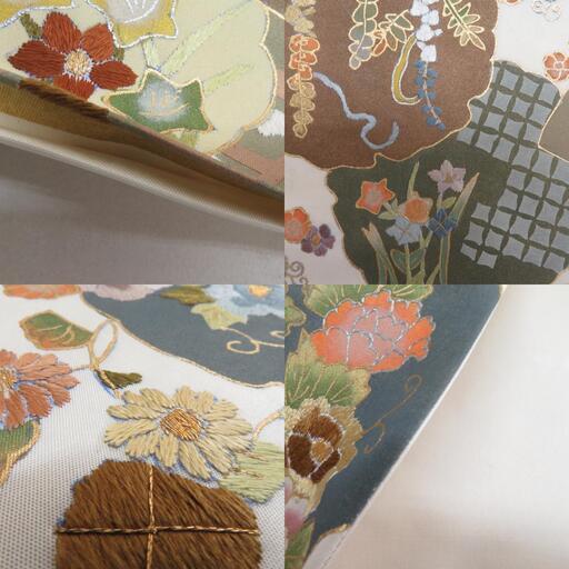 袋帯 雪輪に地紙文 刺繍入り 箔入り 白色x多色 六通柄 正絹 仕立て